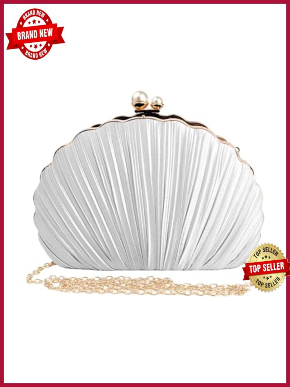 Mini Seashell Pleated Evening Clutch with Pearl Lock & Chain Strap
